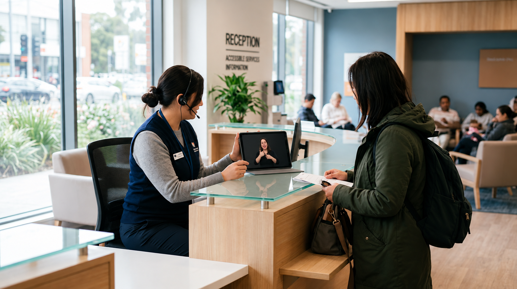 Receptionist uses tablet with sign language interpreter to assist visitor