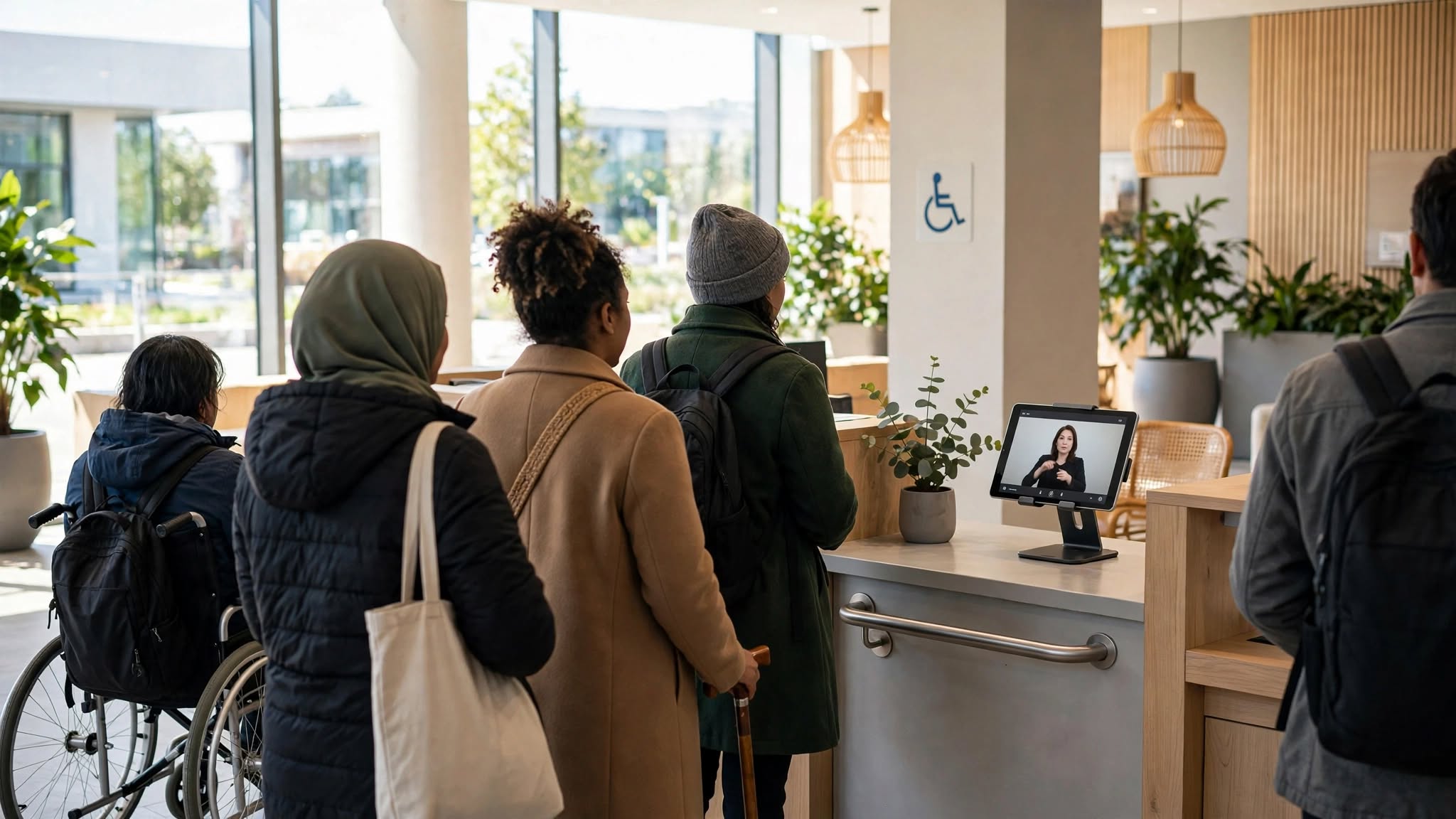 Wide documentary-style view of an inclusive government service counter with diverse people viewed from behind including a person in a wheelchair, a tablet displaying a sign language interpreter on a light grey background, visible accessibility features like grab bar and wheelchair signage, bright daylight and optimistic polished aesthetic.