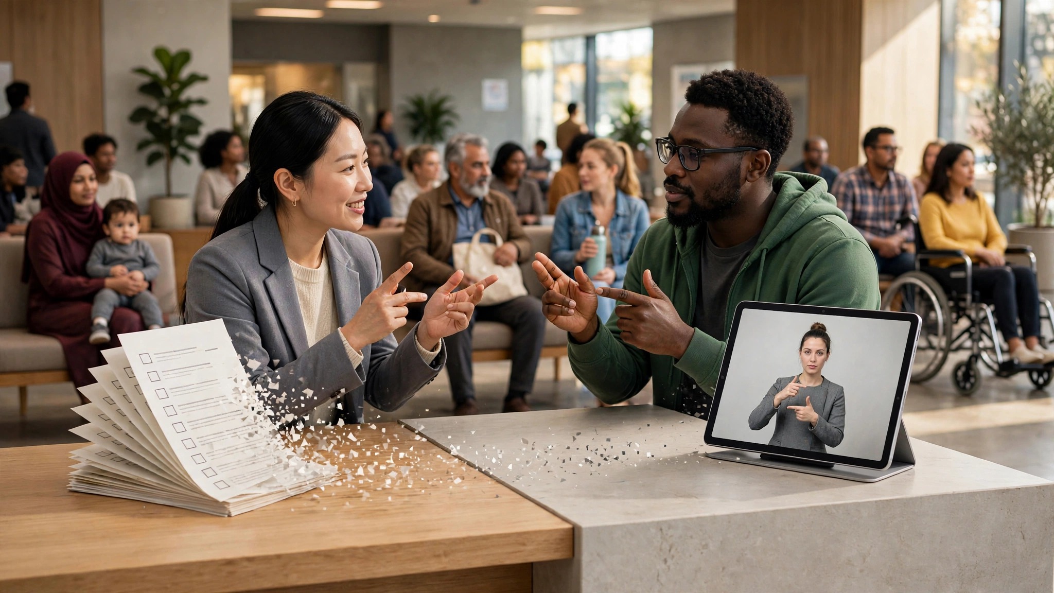 Conceptual editorial photo of a public service desk where a paper checklist is dissolving and transforming into a tablet displaying a professional sign language interpreter on a light grey background, with two people signing to each other at the desk and a diverse community waiting in the background lobby.