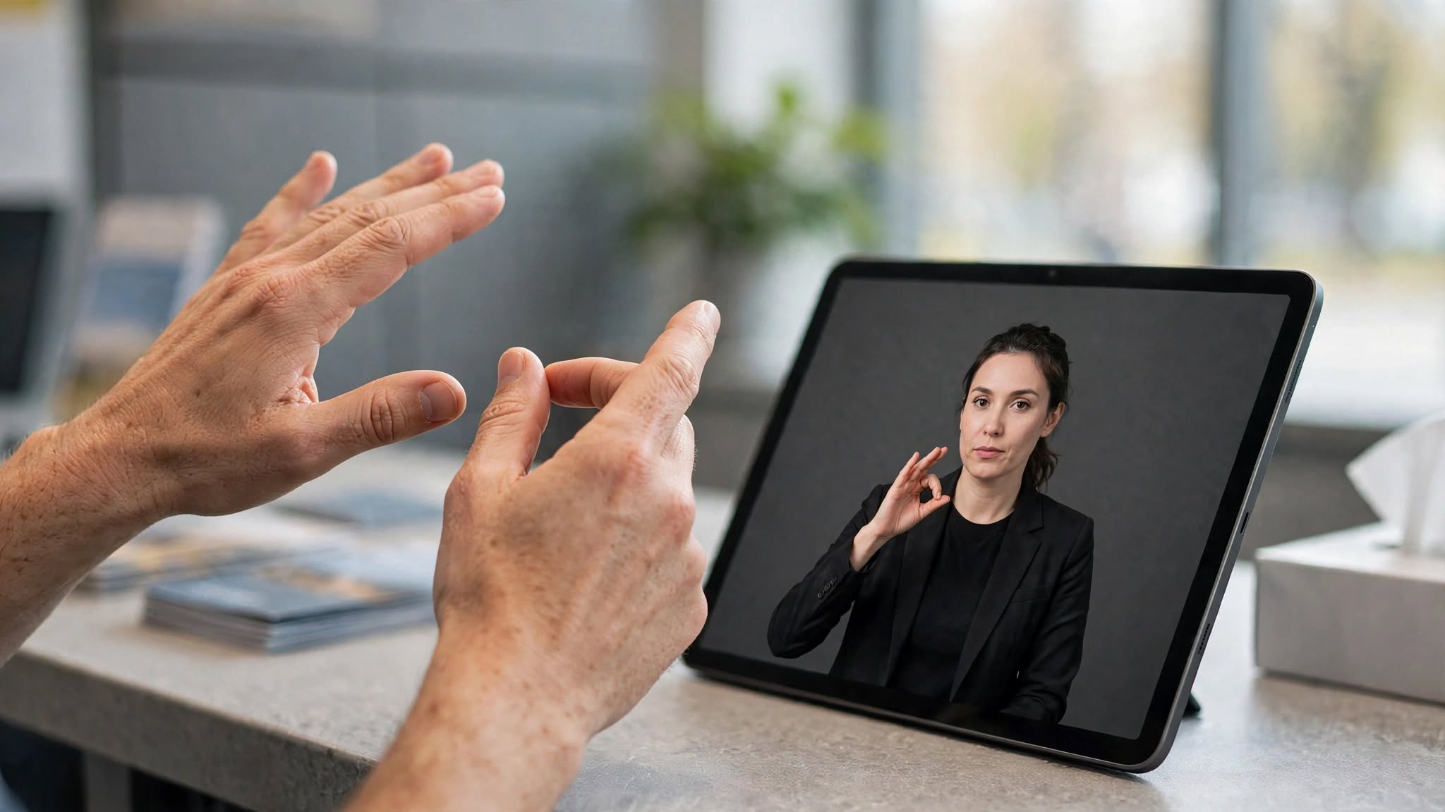 Cinematic close-up of hands using sign language beside a tablet on a public-service counter, displaying a professional sign language interpreter in black clothing against a dark charcoal grey background, bright balanced lighting and crisp details.