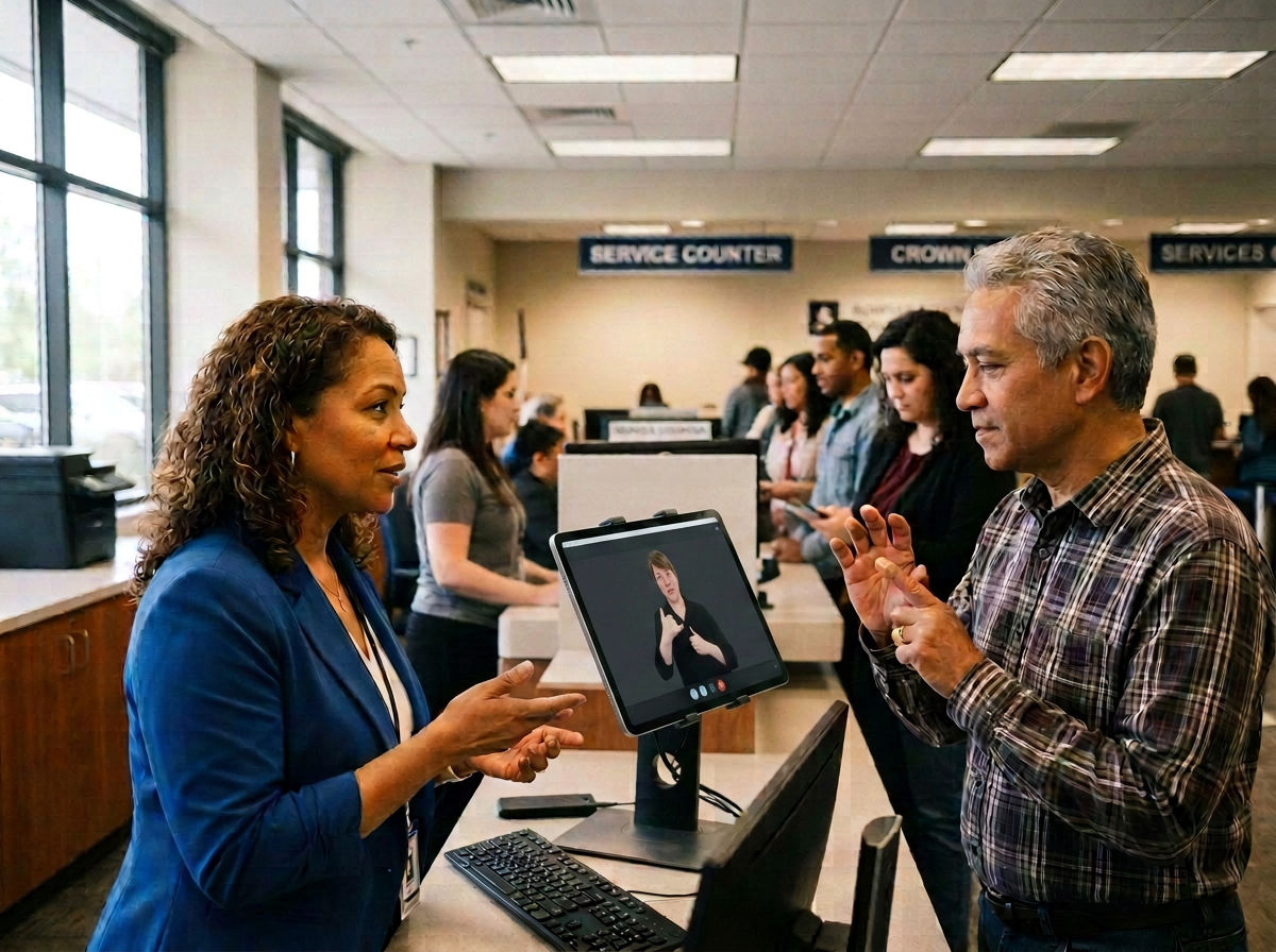 On-demand ASL/LSQ interpreting kiosk with interpreter and two people at service counter