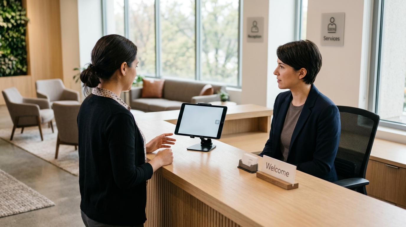 Receptionist speaking with visitor at a welcome desk