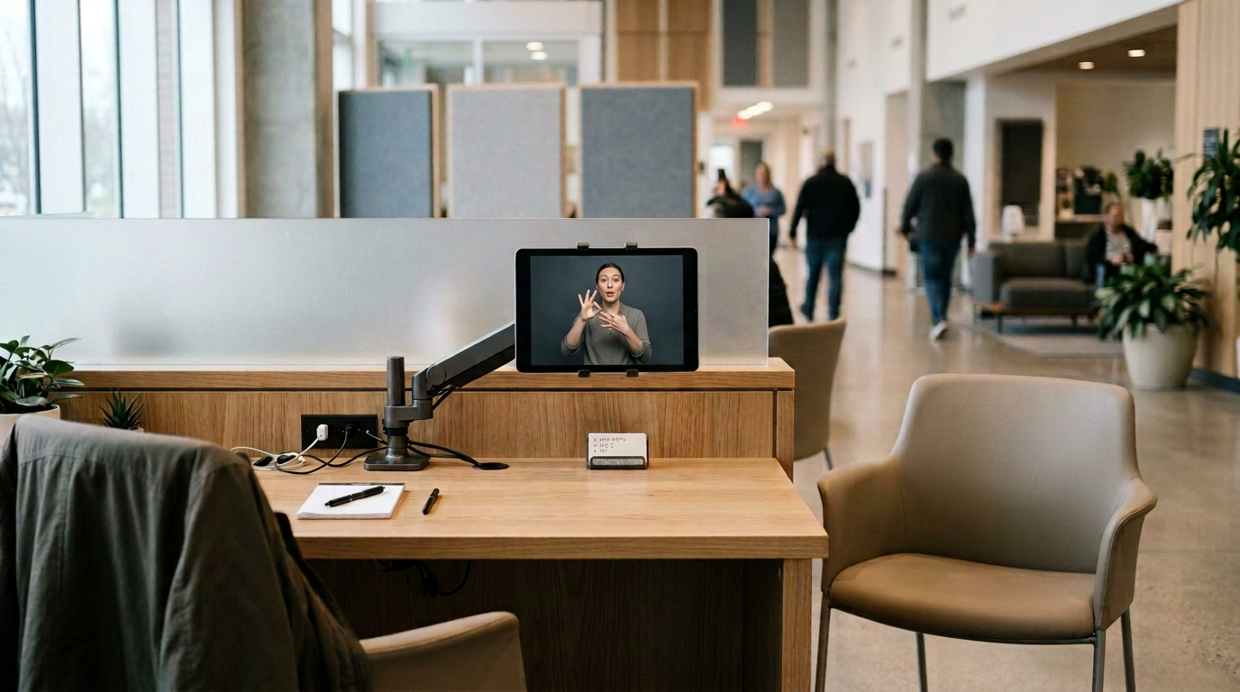 Accessible service desk with tablet, microphone, and video remote interpreter