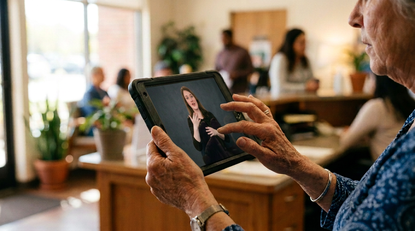 Older adult using a tablet displaying a sign-language interpreter