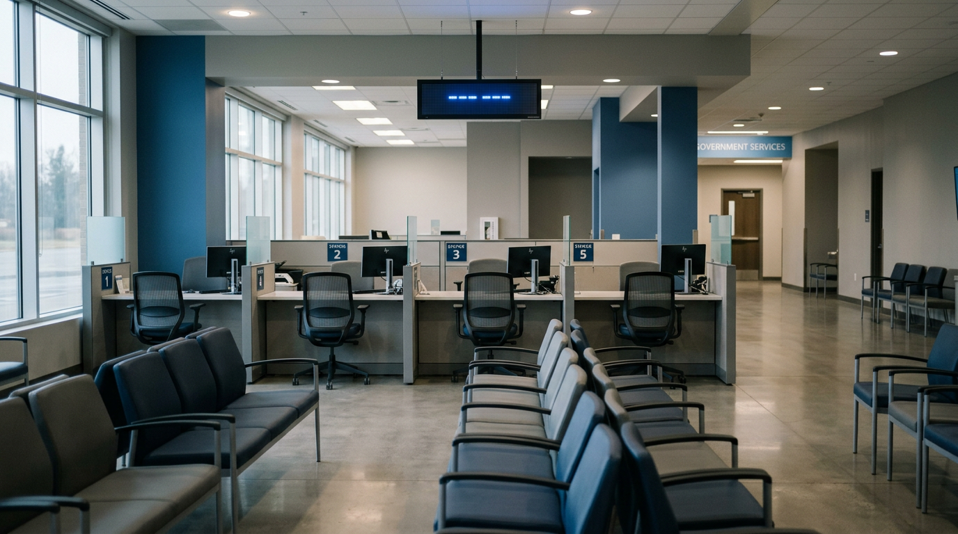 Empty government services office with numbered counters and waiting chairs