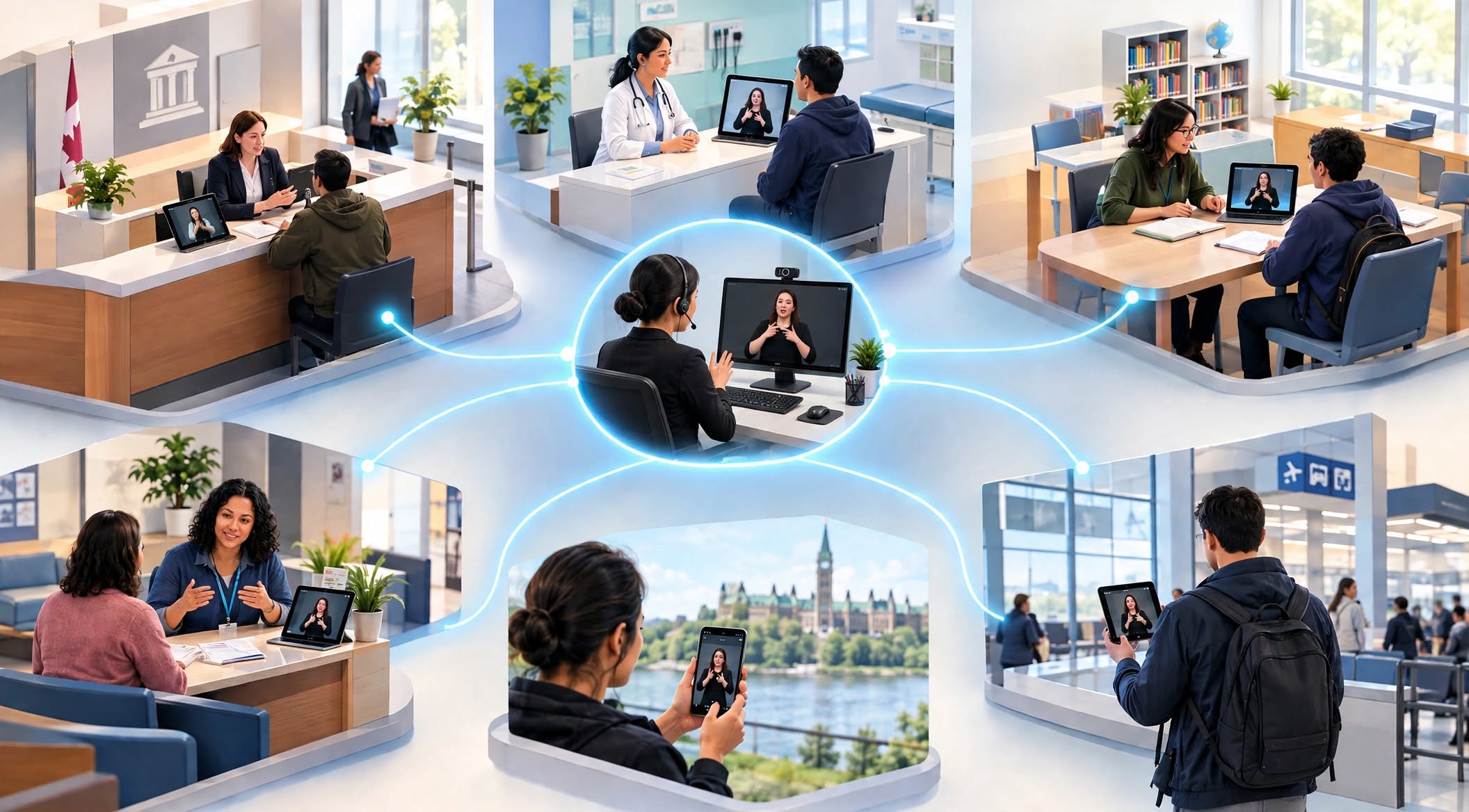 Central Video Remote Interpreting hub with a sign language interpreter at a computer, connected by glowing blue lines to 6 scenes across Canada where Deaf individuals access VRI on laptops, tablets and phones in healthcare, government, education, community, outdoor, and airport settings.