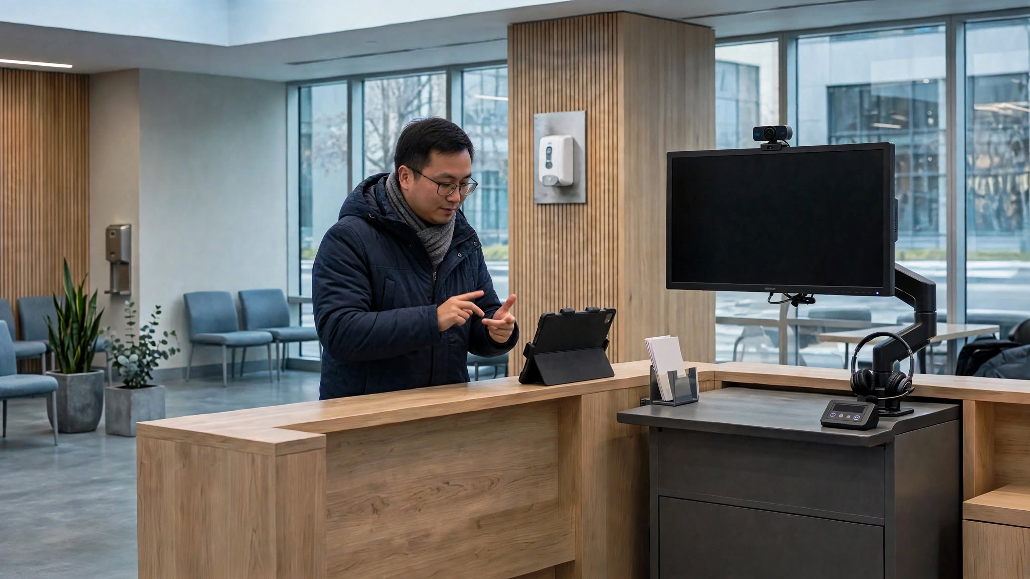 Realistic editorial photograph of a Deaf visitor signing toward a tablet placed on the upper main counter of a modern Canadian public-service reception area, back of tablet facing camera, with secure video interpretation workstation, monitor with camera and headset, no visible text or logos, cool balanced lighting.