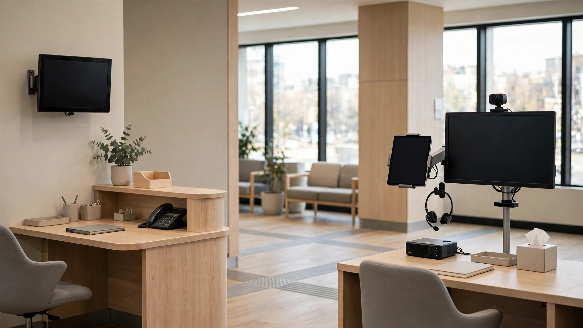 Realistic editorial photograph of a bright modern government service reception with an open, barrier-free video interpreting station featuring a tablet and monitor on adjustable arms, webcam, headset, and accessible light-wood desks, no privacy cubicle walls, no faces, no text, no logos, natural daylight, calm neutral tones.